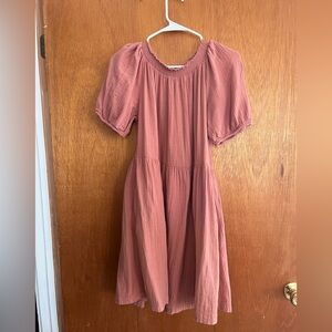 Mauve Pink Puff Sleeve Smocked Neck Mini Dress